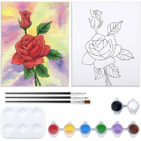 VOCHIC Paint and Sip Kit, Rose Pre Drawn Canvas Painting Kit for Adults Kid Painting Twist Party Supplies for Beginner Gift Favor, 8 Acrylic Colors, 3 Brushes,1 Pallet,1 Image Art Craft Set(8x10)