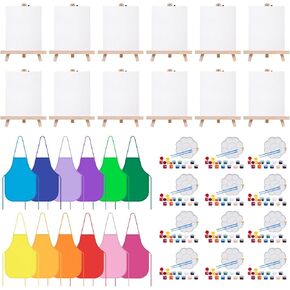 84 Pcs Kids Paint Party Set; 5 * 7In Canvas Boards for Painting Include 12 Canvas Boards, Brushes, Palettes, 12 Set Acrylic Paints, Apron Canvas, Painting Kit for Kids Art Party Valentines Gift