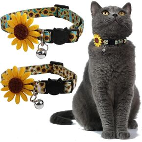 2 Pack Sunflower Cat Collars Breakaway Kitten Adjustable Safety Collar with Bell 7"-11"