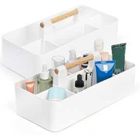Acshio 2 Pack Portable Caddy Organizer, Art Supply Storage Organizer with Handle, Stackable Plastic Divided Craft Storage Basket Bin for Craft, Sewing, Office Supplies