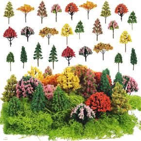 28 Pcs Spring Summer Diorama Supplies Colorful Mini Tiny Fake Trees with Faux Moss DIY Garden Scenery Accessories for Train Fairy Village Landscape Crafts Projects