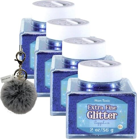 Sulyn Glitter Extra Fine Sapphire Blue Glitter Crafts, 2 Oz Stacker Jar, Secure, Craft & Scrap Booking, Cards & Decor, Bundle with Pompom Balls Fluffy Keychain, Blue Glitter (Pack of 4) in Saudi Arabia