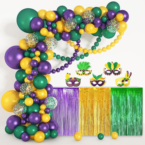 Amandir Mardi Gras Decorations Balloons Arch Garland Kit with Fringe Table Skirt Mardi Gras Masks, Purple Green Gold Confetti Balloons for Mardi Gras Fat Tuesday Carnival Birthday Party Supplies in Saudi Arabia