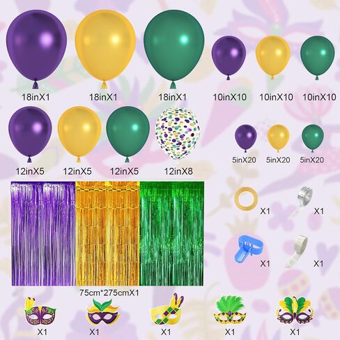 Amandir Mardi Gras Decorations Balloons Arch Garland Kit with Fringe Table Skirt Mardi Gras Masks, Purple Green Gold Confetti Balloons for Mardi Gras Fat Tuesday Carnival Birthday Party Supplies in Saudi Arabia