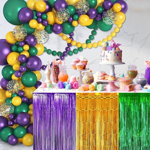 Amandir Mardi Gras Decorations Balloons Arch Garland Kit with Fringe Table Skirt Mardi Gras Masks, Purple Green Gold Confetti Balloons for Mardi Gras Fat Tuesday Carnival Birthday Party Supplies in Saudi Arabia