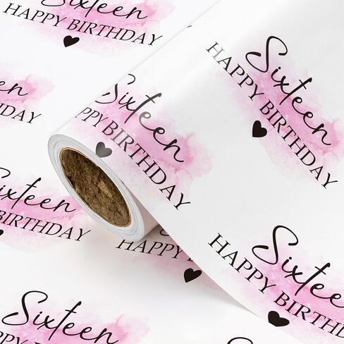 WRAPAHOLIC 16th Birthday Wrapping Paper Roll - Mini Roll - 17 Inch x 16.5 Feet - Blusher and Sixteen Happy Birthday Wrapping Paper for Girls Birthday, Baby Shower, Party in Saudi Arabia