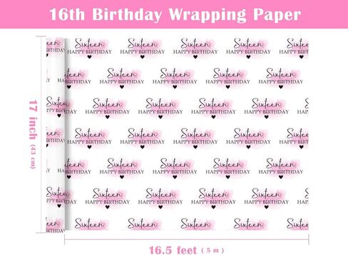 WRAPAHOLIC 16th Birthday Wrapping Paper Roll - Mini Roll - 17 Inch x 16.5 Feet - Blusher and Sixteen Happy Birthday Wrapping Paper for Girls Birthday, Baby Shower, Party in Saudi Arabia