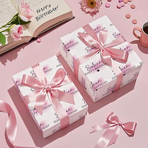 WRAPAHOLIC 16th Birthday Wrapping Paper Roll - Mini Roll - 17 Inch x 16.5 Feet - Blusher and Sixteen Happy Birthday Wrapping Paper for Girls Birthday, Baby Shower, Party in Saudi Arabia