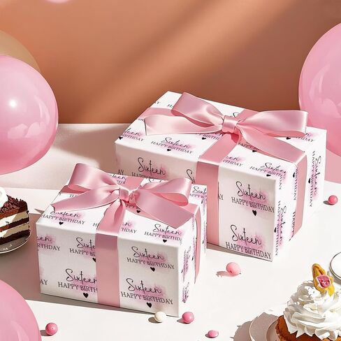 WRAPAHOLIC 16th Birthday Wrapping Paper Roll - Mini Roll - 17 Inch x 16.5 Feet - Blusher and Sixteen Happy Birthday Wrapping Paper for Girls Birthday, Baby Shower, Party in Saudi Arabia