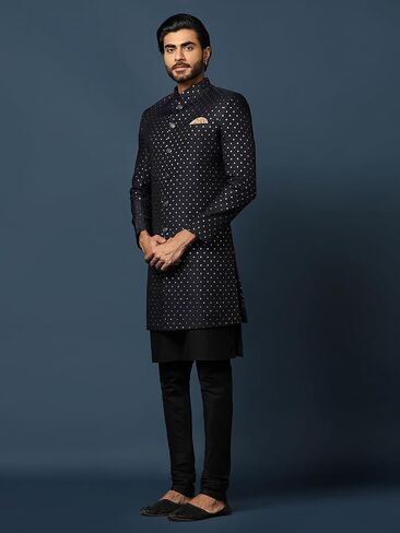 KISAH Men's Cream Jacquard Indowestern Sherwani Kurta & Pajama Set – Regular Fit, Mandarin Collar |Indian Ethnic Wedding & Festive Wear in Saudi Arabia