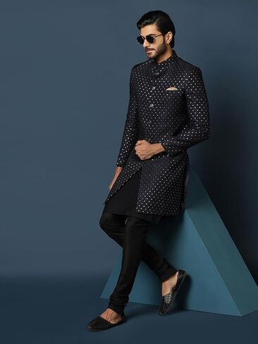 KISAH Men's Cream Jacquard Indowestern Sherwani Kurta & Pajama Set – Regular Fit, Mandarin Collar |Indian Ethnic Wedding & Festive Wear in Saudi Arabia