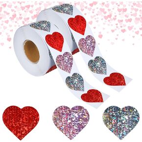 1200 Pcs Valentines Glitter Heart Stickers Roll 1.5" Heart Decorative Labels Foil Shiny Heart Stickers Self Adhesive Heart Incentive Stickers for Valentine’s Day Wedding Party Envelope Supplies