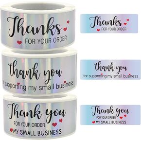 Thank You for Supporting My Small Business, 360 Pcs, 1 x 3 Inch Holographic Thank You for Your Order Stickers Self-Adhesive for Packaging, Envelopes, 3 Roll x 120 Pcs