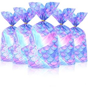 Mikzhskr 30 Pcs Mermaid Party Favors Bags Mermaid Party Decorations Cookie Goodie Candy Gift Bags Little Mermaid Cellophane Treat Bags with 30 Pcs Gold Twist Ties for Mermaid Birthday Party Supplies