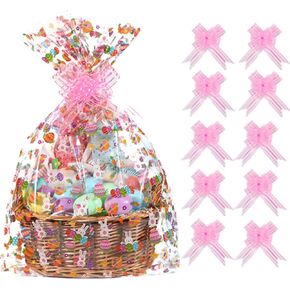 shareluck 10 pack Easter Basket Bags Happy Easter 32 by 22 Easter Eggs Bunny Wrap Bags Large Cellophane Wrap for Gift Baskets - 2.5Mil - Plastic Easter Cello Bag - with 10 Pieces Pull Bow
