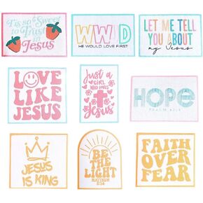 Christian Faith Patches 9PC Iron On Appliques for Backpack Trucker Hat Clothes Jacket Love Like Jesus Over Master Hope Light Let Me Tell You wwjs WWJD Religious Vintage Girly Pink Women Bulk