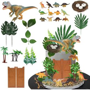32 PCS Dinosaur Cake Toppers Dinosaur Birthday Cake Decorations with Dinosaur Eggs Leaves for Dinosaur Themed Birthday Party Cake Decorations (Style 1)