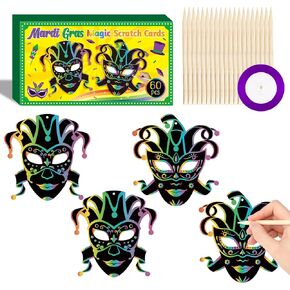 Watinc Mardi Gras Scratch Cards - 60pcs Carnival Prom Art Craft Kit For Kids ، Masquerade Party Diy Magic Color Coll Scratch Paper ، Cratchboard Off For Mardi Gras Party Decoration Supplies