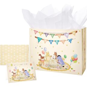 Crisky 13" Large Winnie the Pooh Gift Bag with Tissue Paper and Greeting Card for Baby Shower Kids Boy and Girl Birthday Parties