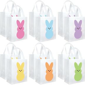 12 Pcs Easter Non-Woven Gift Bags Reusable Easter Tote Treat Bags Easter Bunny Bag Easter Basket Container with Handles for Gifts Wrapping Egg Hunt Game Easter Party Supplies, 10 x 8 x 4.7 Inch
