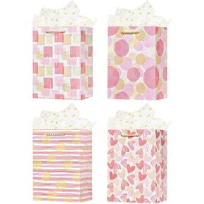 OFIHANLY 4Pcs 9" Small Size Gift Bag with Handles for Women Mom Girls Baby Kids Pink Heart Paper Gift Wrap Bags with Tissue Paper for Valentines Day, Birthday, Party, Wedding, Anniversary, Baby Shower