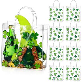 Hosuly 24 Pcs St. Patrick's Day Clear PVC Gift Bags with Handle Button Reusable Lucky Shamrock Candy Treat Goodie Bags for St. Patrick's Day Irish Theme Party Favors Supplies