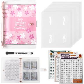 100 Envelopes Money Saving Challenge Binder,A5 Money Savings Binder with Cash Envelopes,Easy and Fun Way to Save $5,050,10,000,500,Budget Planner for Budgeting Planner Saving Money(Pink)