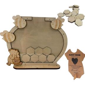 The Pooh Bear Guest Book Alternative - Bee Themed Baby Shower Memory Kit with Wooden Welcome Sign & 45 Hexagon Cards for Birthday/Weeding Party Decor Yellow