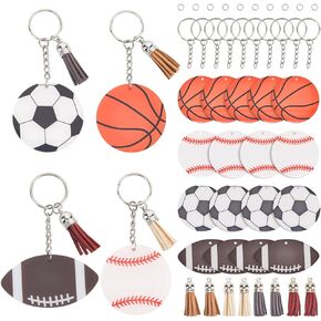 1 Box 64pcs Sports Keychains DIY Sports Keychain Craft Acrylic Football Rugby Basketball Baseball Key Chain Blank Kits with Tassel and Rings for Jewelry Making Keychains Gifts Crafting