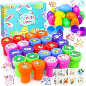 Prefilled Easter Basket Stuffers 24PCS Bulk Filled with Bunny Stampers Toys and Tattoos Stickers Hunt Basket Egg Easter Party Favors Classroom Prizes Gift for Kids Toddlers Girls Boy
