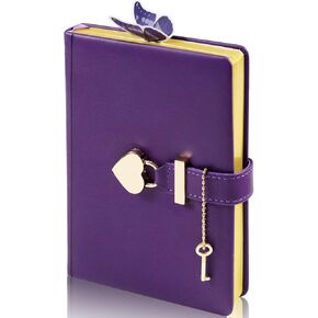 Heart Shaped Lock Diary with Key,PU Leather Journal Secret Notebook with Lock for Girls Women Boys,3D Butterfly Bookmark,Thicken,B6,5.3x7 Inch,Purple