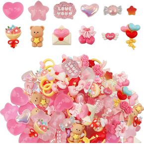 130PCS Valentine’s Day Resin Embellishments, Kalolary Valentine Resin Flatback Miniature Heart Bear Resin Charms Ornaments Kawaii Love Craft Decoration for Craft Scrapbook Phone Case DIY Making