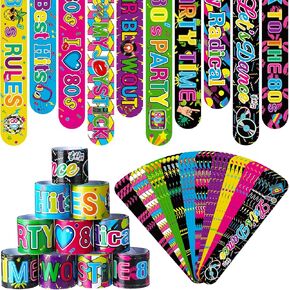 Civaner 40 Pcs 80s 90s Party Favors Slap Bracelets 80s Wristbands Bracelets for Kids Retro Birthday Supplies Cute Cassette Tape for 1980s Neon Throwback Adults Birthday Party Supplies