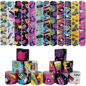 48pcs 80s 90s Party Favors Slap Bracelets Back to 80s 90s Throwback Theme Party Decorations Slap Wristbands Retro Theme Bracelet Snap Bands Snap Bracelets for Kids Adults Prize Exchanging Party