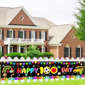 Happy 100th Day of School Banner 8x1.6 ft 100 Days of School Banner Outdoor 100 Day of School Decorations Preschool 100 Day Decor for Classroom