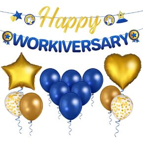 Happy Work Anniversary Decorations Happy Workiversary Banner with 12 Pcs Balloons Blue Gold Work Anniversary Decor for Office Employee Worker Decor Party Supplies