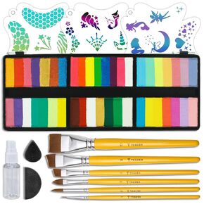 Face Painting Kit Split Cakes Face Paint Set with Stencils Brushes Sponges 240g Professional Rainbow Palette Water Colors Body Paint for Kids Adults for Halloween Makeup Christmas