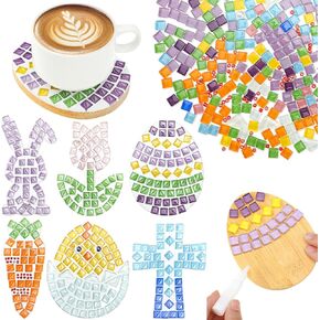 6 Sets Easter DIY Mosaic Tiles for Crafts Mosaic Kits with Wooden Coasters Mixed Color Make Your Own Mosaic Glass Pieces DIY Coasters Kit for Adults Women Handmade Art Gifts Home Decoration