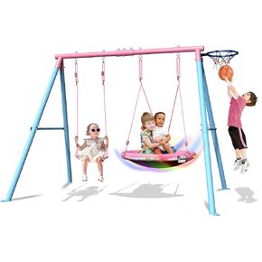 4-in-1 Swing Set 440lbs, Outdoor Swing Sets for Backyard for Kids, 1 Saucer 32", 1 Belt Swing, 1 Basketball Hoop & 1 Led Light with Swing Stand & Anchors, Heavy Duty Metal A-Frame for playset