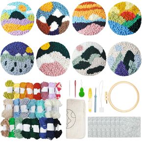 Soleeya Punch Needle Kits Adults Beginner 8 Pcs Punch Needle Coaster Kit Punch Needle Embroidery Kit Including Patterns Yarn Hoop Needle Tools, Landscape Rug Tufting Coaster DIY Craft Gifts
