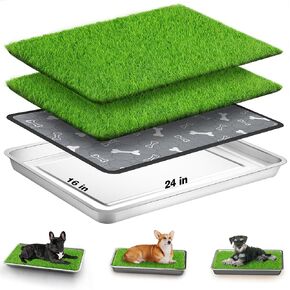 Dog Grass Pad with Tray, 36" X 24" Stainless Steel Tray & 2 Pics Replacement Artificial Grass Mats, Portable Dog Toilet for Indoor and Outdoor Use