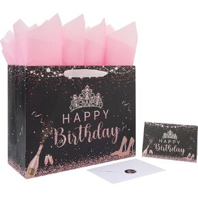 13" Large Black Birthday Gift Bag Set with Handles, Greeting Card, Pink Tissue Papers and Stickers for Girls Women Kids Teens, Tiara Design, 1 Pcs
