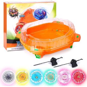 Light Ignite Bey Stadium Battle Blade Set, 6 Spinning Tops, 1 Stadium and 2 Launchers, Birthday Gift Boys Toy for 6+ Year Old (Orange)