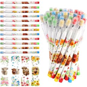 Kolewo4ever 48pcs HB Highland Cow Pencils Kawaii Cute Multipoint Pencil Push Pencil Translucent Non Sharpening Stackable Pencils for Classroom Rewards Carnival Prizes
