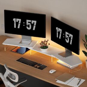 LED Dual Monitor Stand Riser for 2 Monitors, Office Desktop Wooden Stand Adjustable Length and Angle 3 Shelf, Extra Long Multifunctional Stand up to 44.4" for Computer, Laptop, TV, White