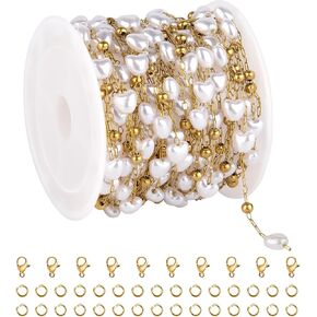 YOUBEIYEE 16.4 Feet Gold Plated Stainless Steel Jewelry Chain Roll Heart Shaped Pearl Chains for Jewelry Making