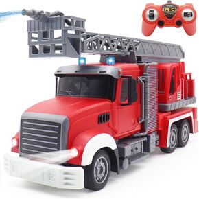 9 CH Remote Control Fire Truck, Rc Fire Truck Toy, Fire Truck with Lights Working Water Pump and Rotating Rescue Ladder, 2.4G Firetruck Toy for Kids Boys Age 4-8 Gift