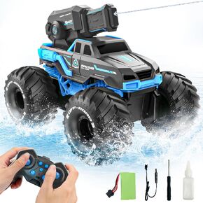 BEZGAR Amphibious RC Truck Boat 1:16 Remote Control Car - 2.4GHz Shooting Waterproof RC Monster Truck, 4WD All-terrian Off-Road Water Tank Pool Toy Outdoor Summer Gifts for Kids Boys/Girls Age 6-12