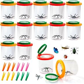 12 Sets Magnifying Insert Bug Viewer for Kids with Tweezers, Students Insect Box Bug Catcher Kit Bug Magnifier Container Bug Cage Bug Jar Kids Science Tool for Outdoor Adventure and School Field Trips