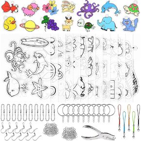 PETDCHEB Shrink Paper Kit, 160 Pieces Art Craft Kit Including 25 Patterned Shrink Plastic Sheets, Keychain and Jewelry Accessories for Kids Creative Craft Making